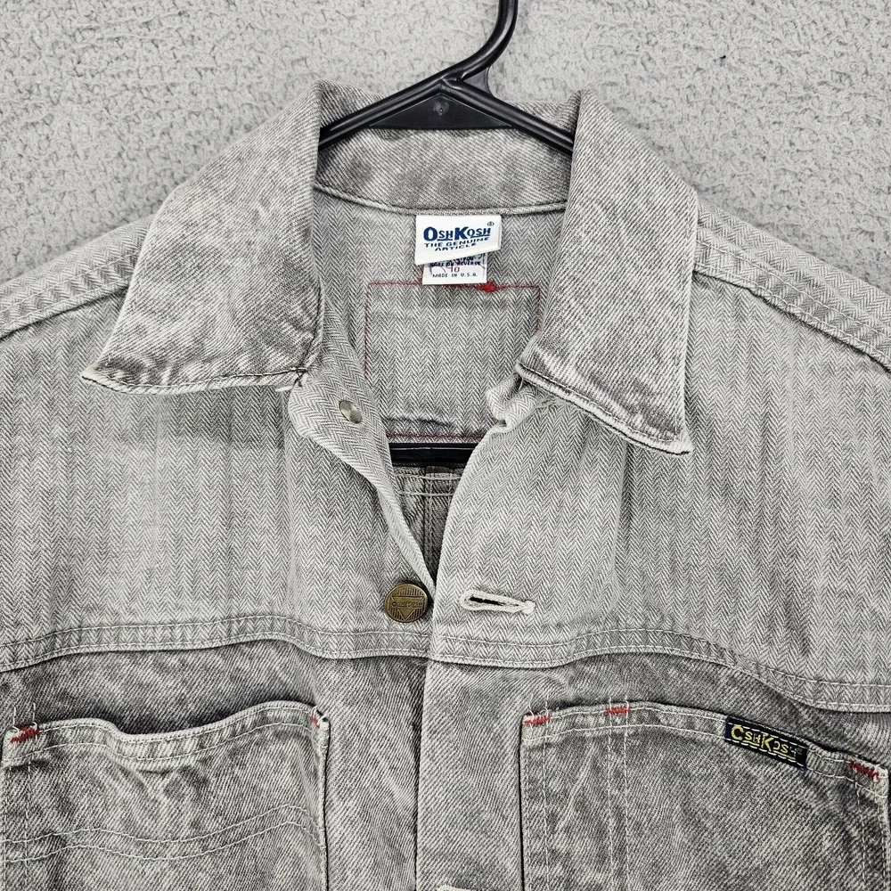 Vintage OshKosh B'gosh Jacket Kids 10 Gray Herringbone‎ Denim Workwear 90s USA